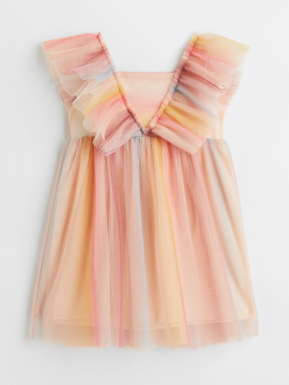 NWT Girls' H&M Pink Orange Rainbow Pleated Tulle V-Neck Babydoll Dress, Size 10